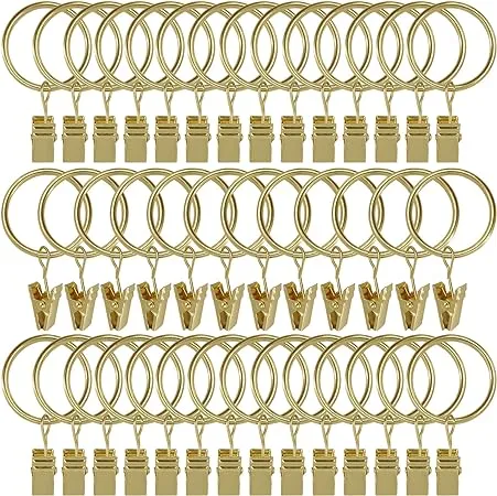 40 Pack Curtain Rings with Clips, Drapery Clips with Rings, Drapes Rings 1.26 in Interior Diameter, Fits up to 1 in Curtain Rod, Gold Color