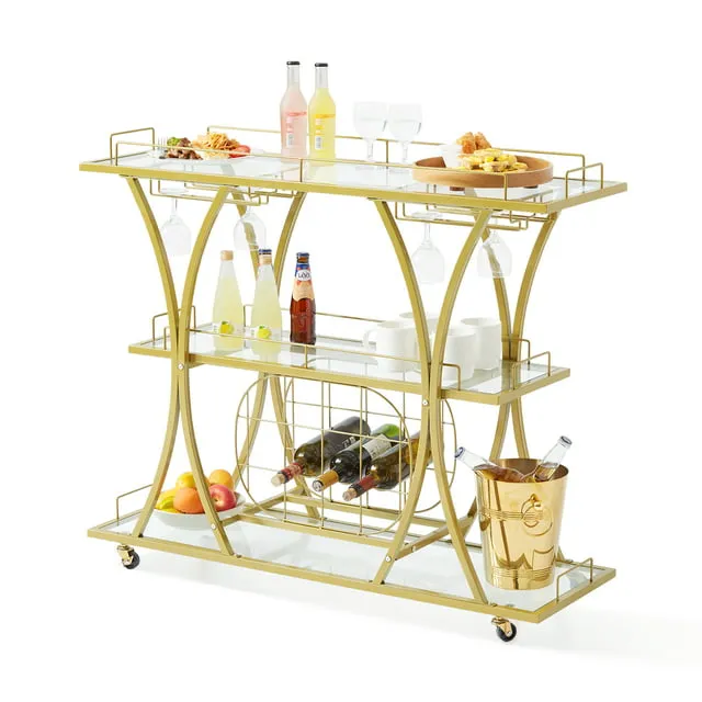 VEVOR 3 Tiers Gold Metal Bar Serving Cart with Wine Rack Glass Holder