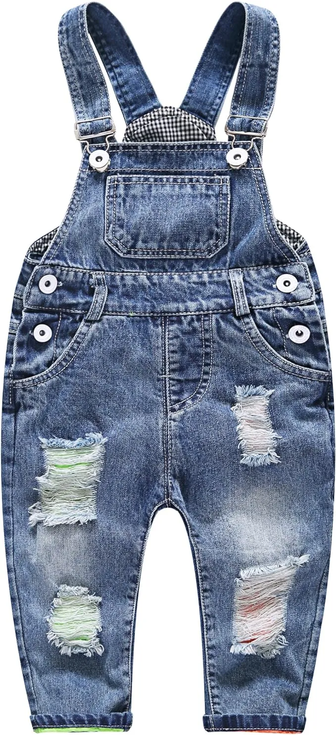 KIDSCOOL SPACE Baby Boy Girl Jean Overalls,Toddler Ripped Denim Cute Workwear