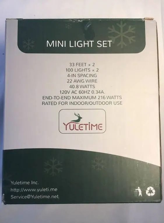 YULETIME Blue Christmas Lights with White Wire, 66 Feet 200 Count UL Certified String Light, Pack of 2 Sets 33 Ft 100 Count Incandescent Mini Light Set (Blue)