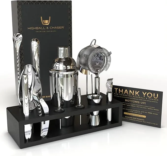 Highball & Chaser 13-Piece Cobbler Cocktail Shaker Set Stainless Steel Mixology Bartender Kit With Stand For Home Bar Cocktail Set | Laser Engraved Cocktail Tools | Plus Ebook with 30 Cocktail Recipes