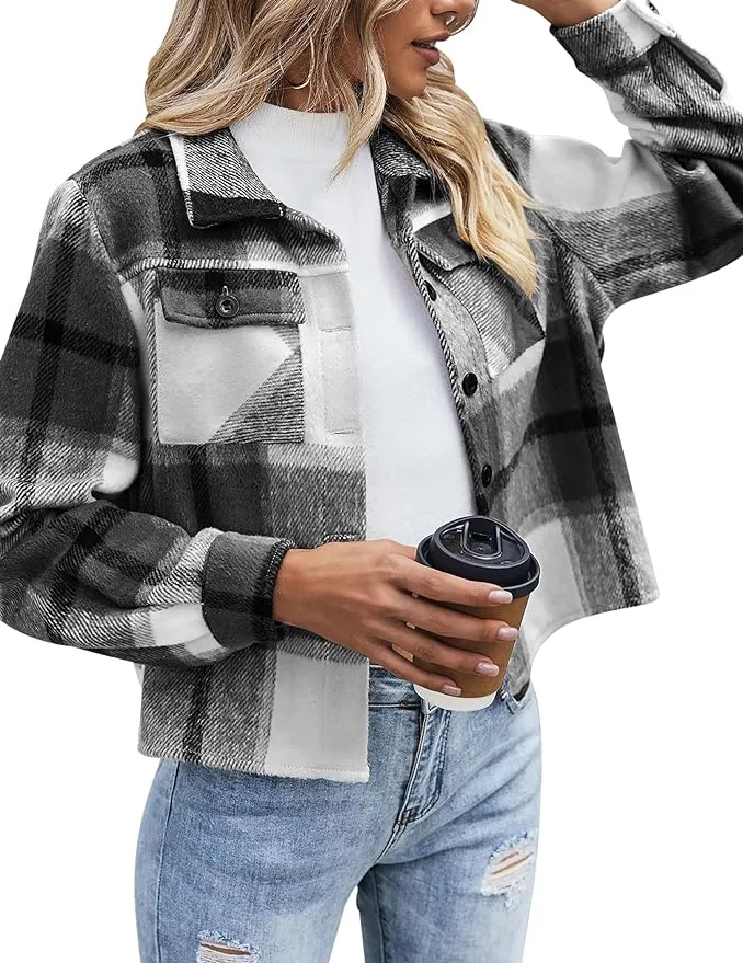 Zeagoo Flannels for Women Cropped Shacket Jacket Fashion Plaid Button Down Shirt