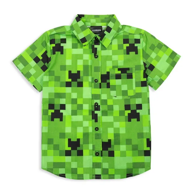 Minecraft Creeper Short Sleeve Button Down Dress Shirt