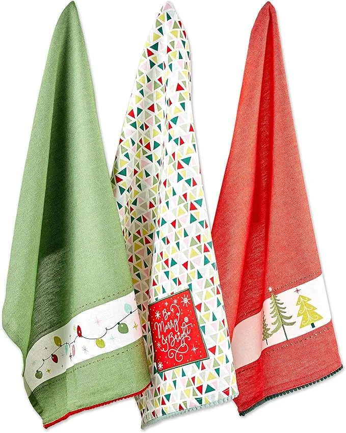 DII Christmas Kitchen Towels Decorative Embellished Cotton Dish Towel Set, 18x28, Assorted Festive, 3 Count