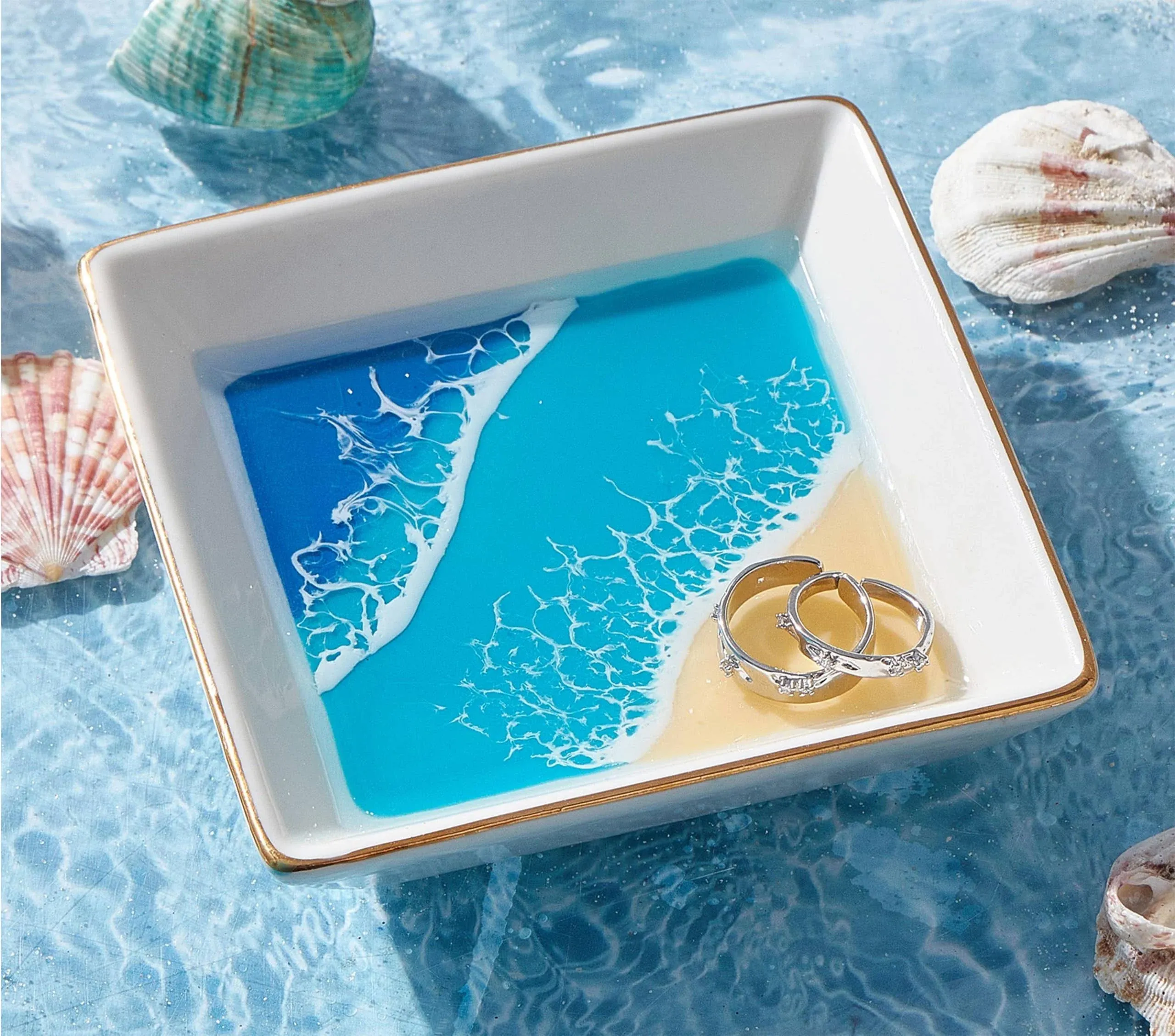 Ocean Jewelry Trinket Ring Dish Tray, Ceramic Handmade Resin Engagement Wedding ...