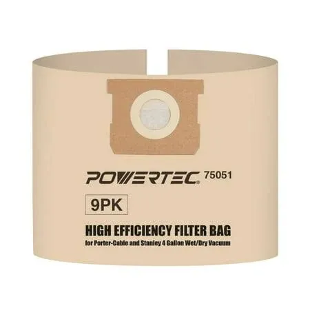 POWERTEC 4 Gal. Vacuum Bag for Stanley 25-1238/ Porter Cable PCX18301-4B, Replacement Filter Bag for Stanley, Porter Cable (9PK) 75051-P3