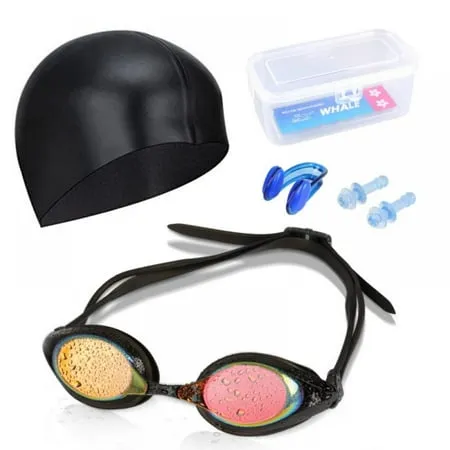 Swim Goggles Swim Cap Swimming Goggles No Leaking Anti Fog UV Protection Triathlon Swim Goggles with Protection Case Nose Clip Ear Plugs for Adult Men Women Girls Youth Kids Child