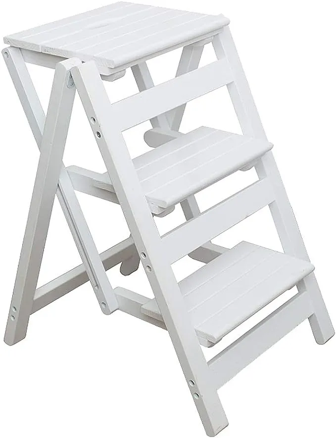 KINGBO Step Stool for Adults/Step Ladder/Counter Chair, 3-Step Folding Portable Wooden Step Stool, Anti-Slip & Lightweight (White)