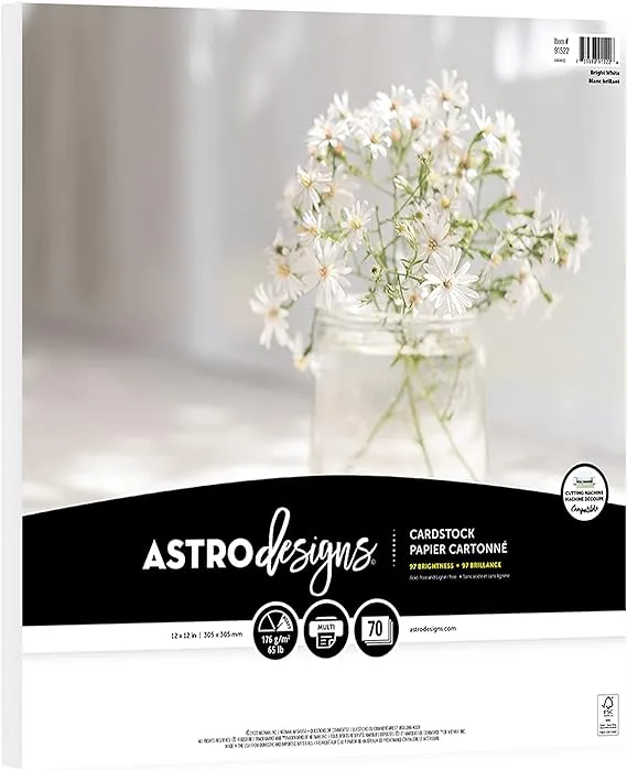 Astrodesigns Crafting Cardstock, 12" x 12", 65 lb/176 gsm, Bright White, 70 Sheets (91522)