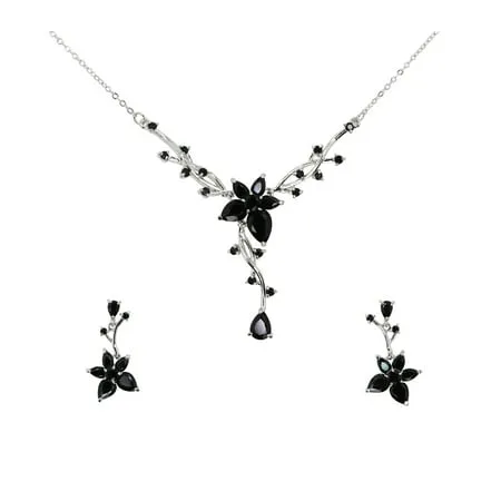 Faship Gorgeous Black CZ Crystal Floral Necklace Earrings Set - Black