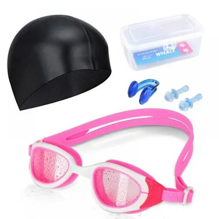 Swim Goggles Swim Cap Swimming Goggles No Leaking Anti Fog UV Protection Triathlon Swim Goggles with Protection Case Nose Clip Ear Plugs for Adult Men Women Girls Youth Kids Child