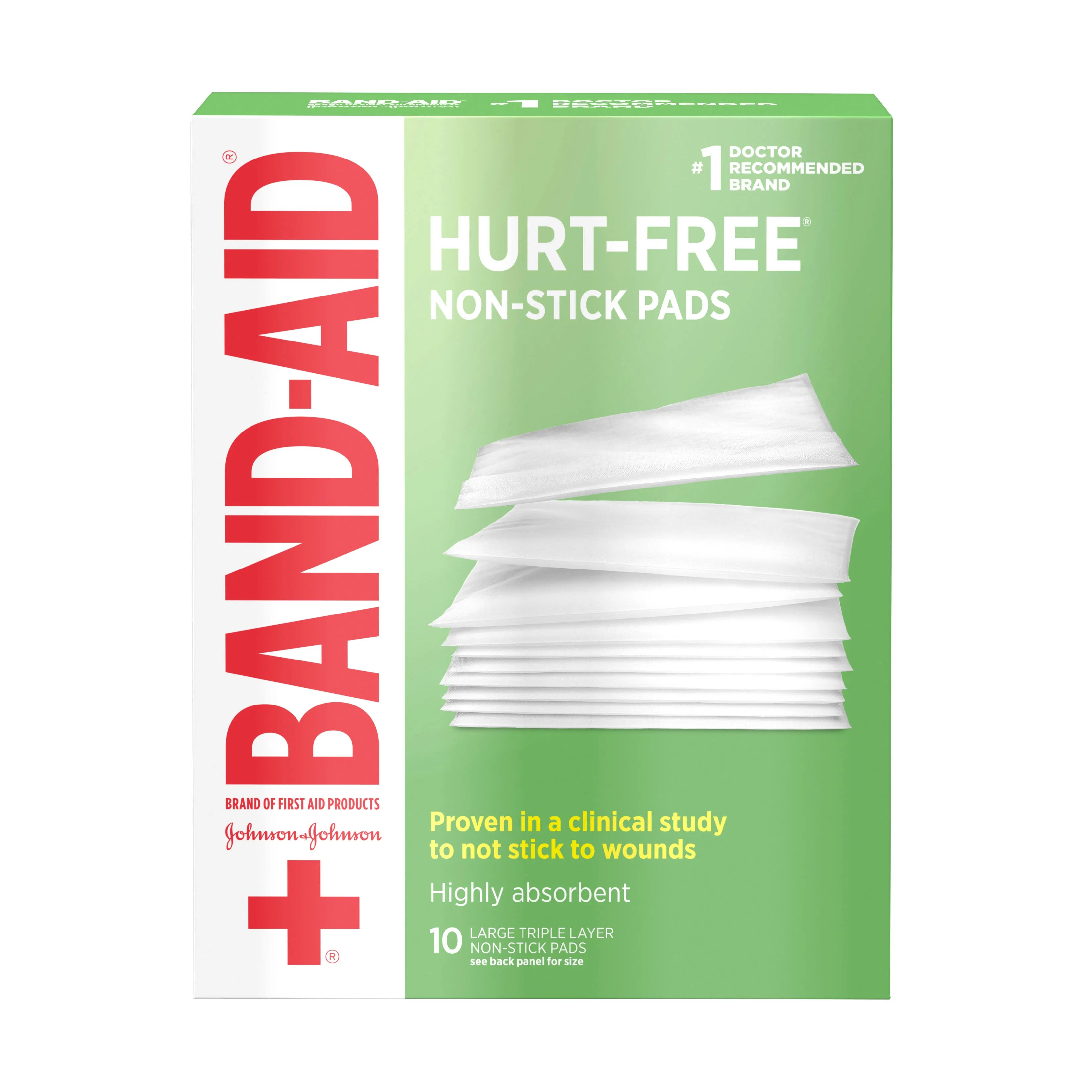 Band Aid Hurt-Free Non-Stick Pads, Large Triple Layer, Highly Absorbent - 10 pads