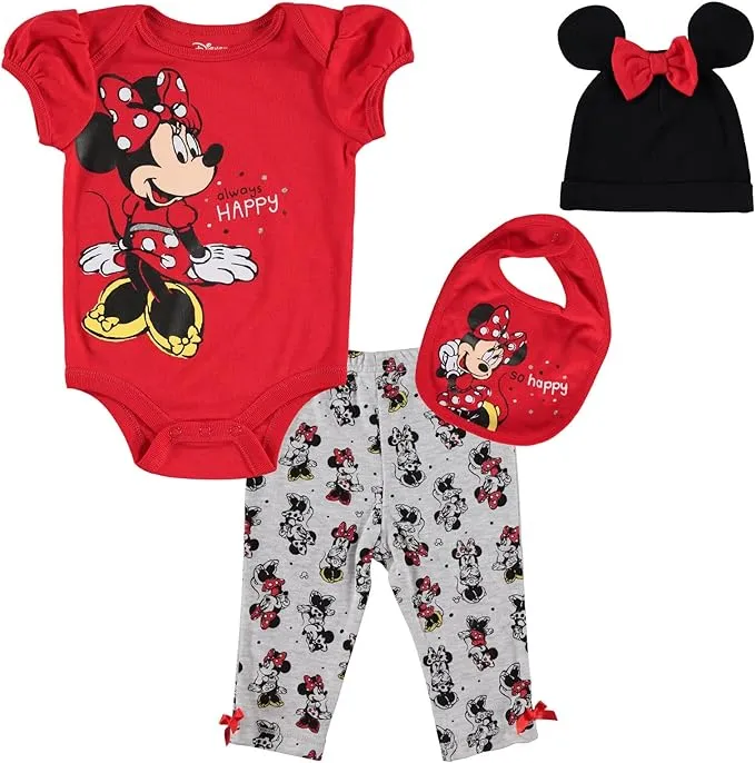 Minnie Mouse Bodysuit Pants Bib and Hat 4 Piece Outfit Set | imagikids Baby and Kids Clothing Newborn / Red