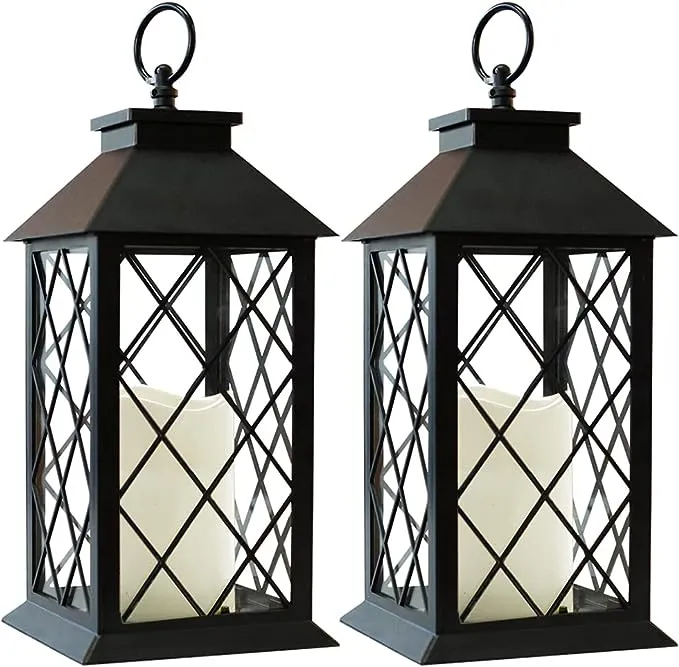 Bright Zeal 2-Pack 13.5" Vintage Candle Lantern with LED Pillar Candle (Black, 6HR Timer) - IP44 Waterproof Battery Powered Candle Lantern - Outdoor