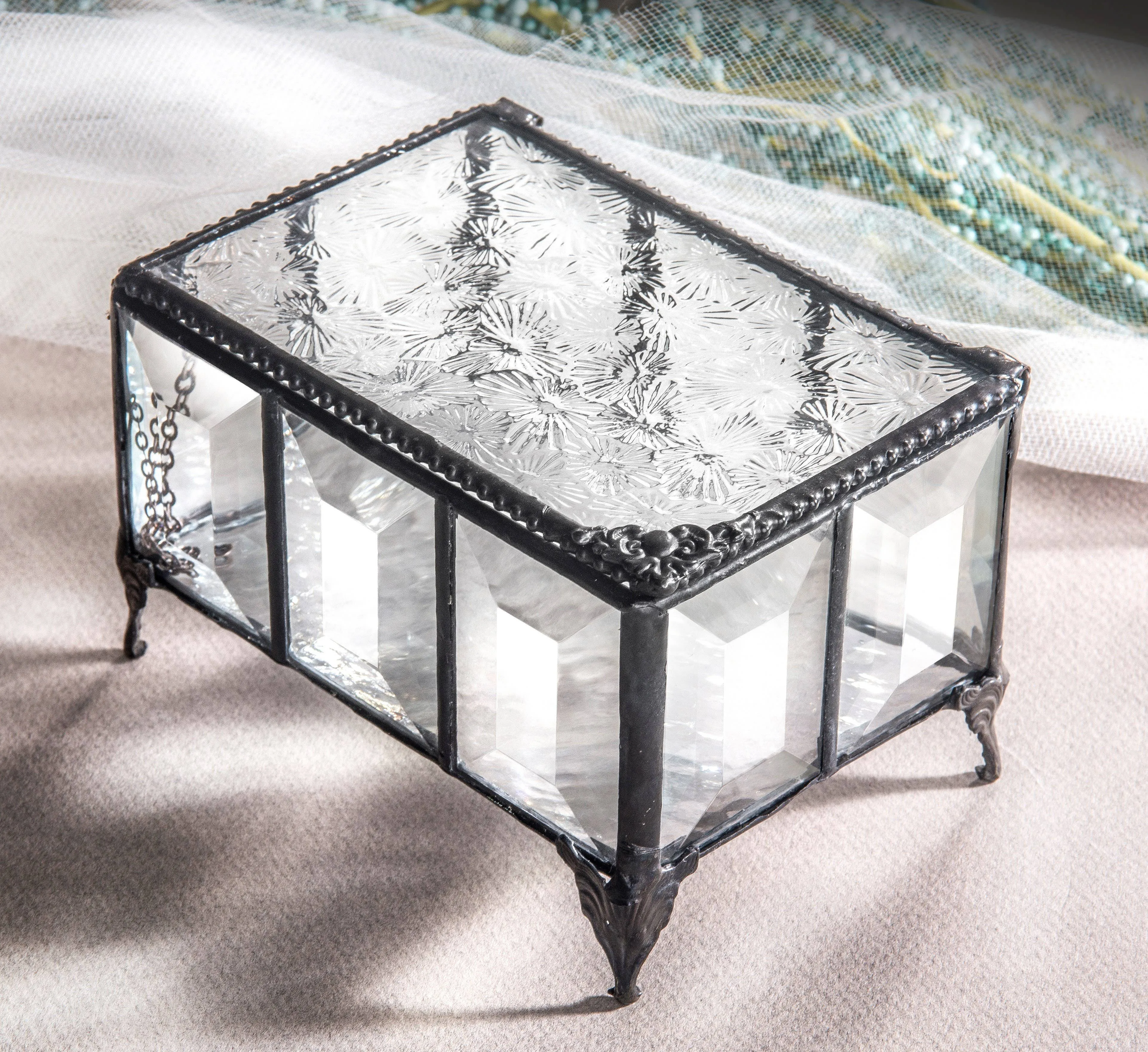 J Devlin - Beveled Glass Box Jewelry Chest Decorative Trinket Keepsake Display Crystal Clear - Box 762