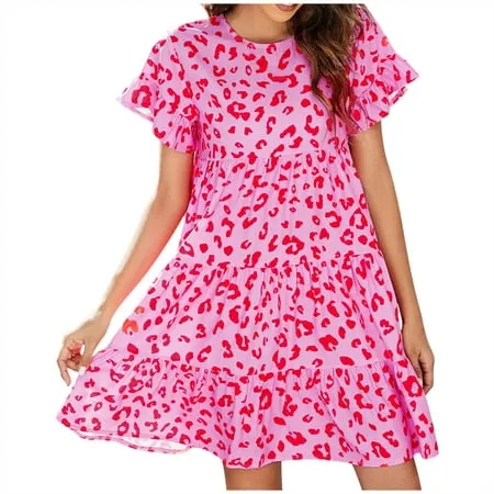 Cyber&Monday Deals USSUMA Women’s Summer Bohemian Dress Ruffle Sleeve Round Neck Floral Mini Dress Loose Fit Short Flowy Pleated Dress