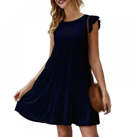 Women s Summer Dress Sleeveless Ruffle Sleeve Round Neck Mini Dress Solid Color Loose Fit Short Flowy Pleated Dress