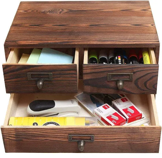 Desktop Storage Cabinet with 3 Drawers, Wooden Box Organizer for Office Supplies