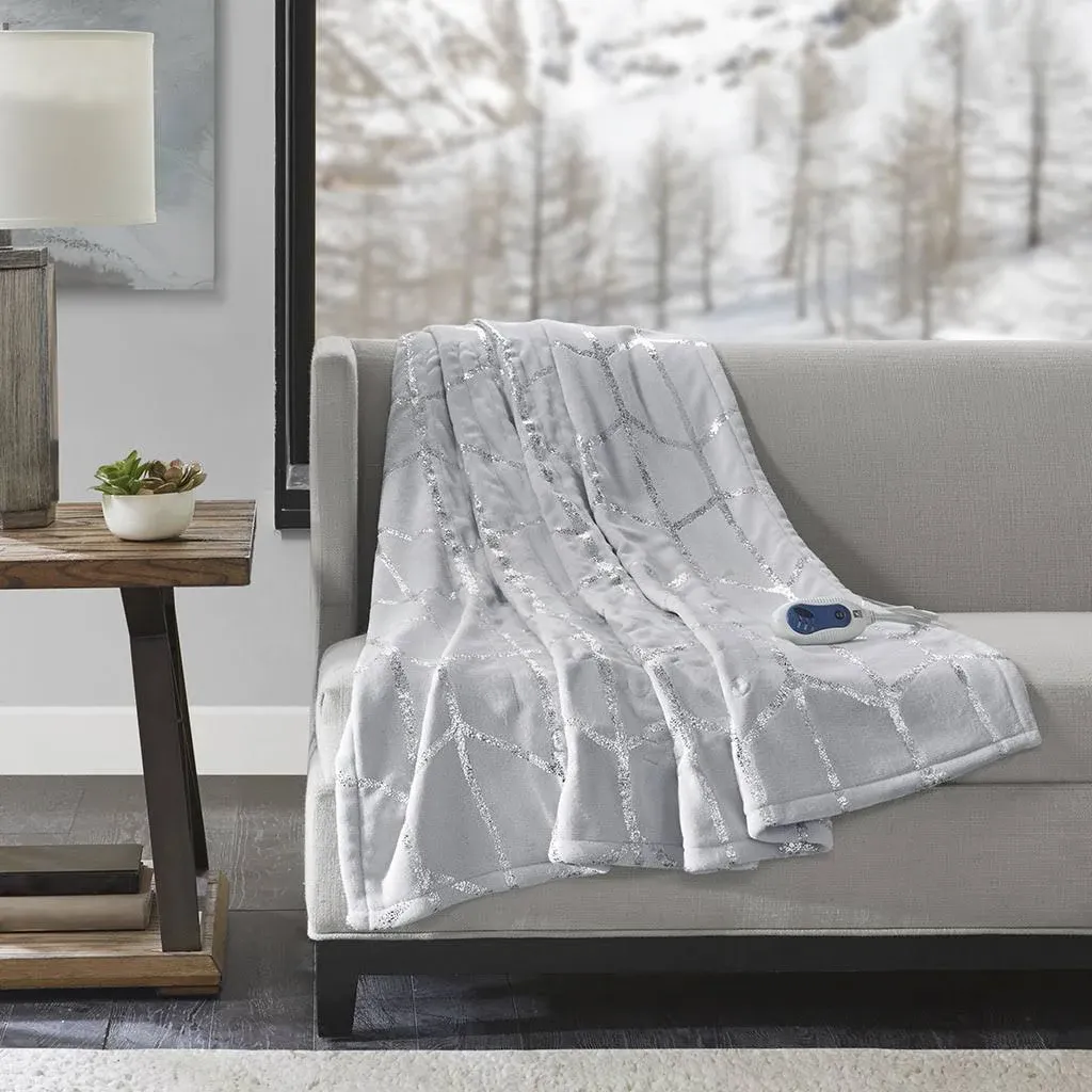 Comfort Classics Arielle Heated Metallic Print Throw, 50x60&#034;, Grey