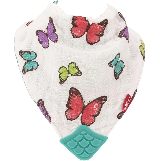 Nuby Reversible 100% Natural Cotton Muslin 3 Piece Teething Bib, Pink, Aqua, Purple, Flower, Butterfly, Stripes, Girl, 3 Count