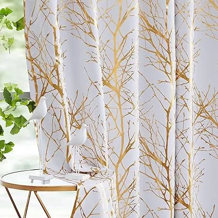 Decoultimatex Gold White Tree Branch Metallic Print Blackout Window Curtain Panels for Living Room Bedroom Noise Reduction Drapes Grommet Top 50 x 63 x 2