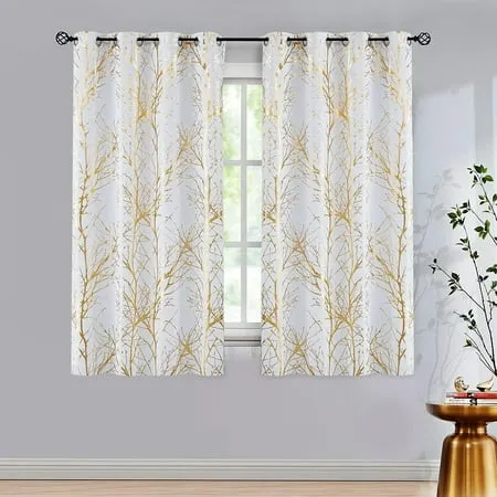 Decoultimatex Gold White Tree Branch Metallic Print Blackout Window Curtain Panels for Living Room Bedroom Noise Reduction Drapes Grommet Top 50 x 63 x 2