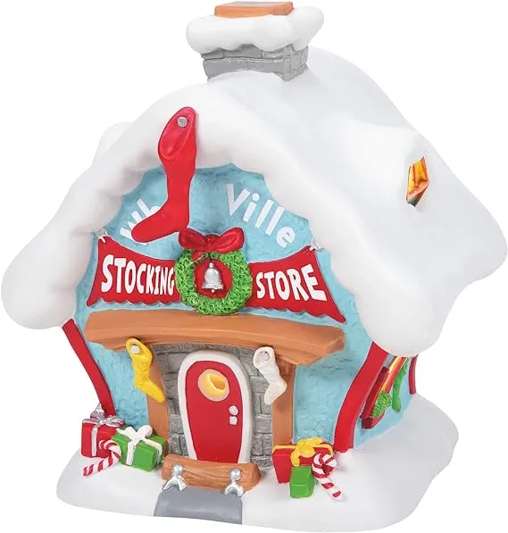 Department 56 Porcelain Dr. Seuss The Grinch Village Who-Ville Stocking Store Lit Building, 7.17 Inch, Multicolor