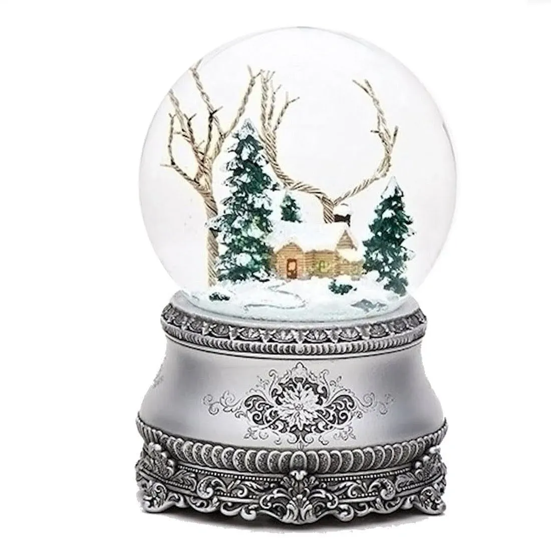 Roman 5.5 Inch Tall Musical Cottage Glitterdome with Silver Base Windup 100MM