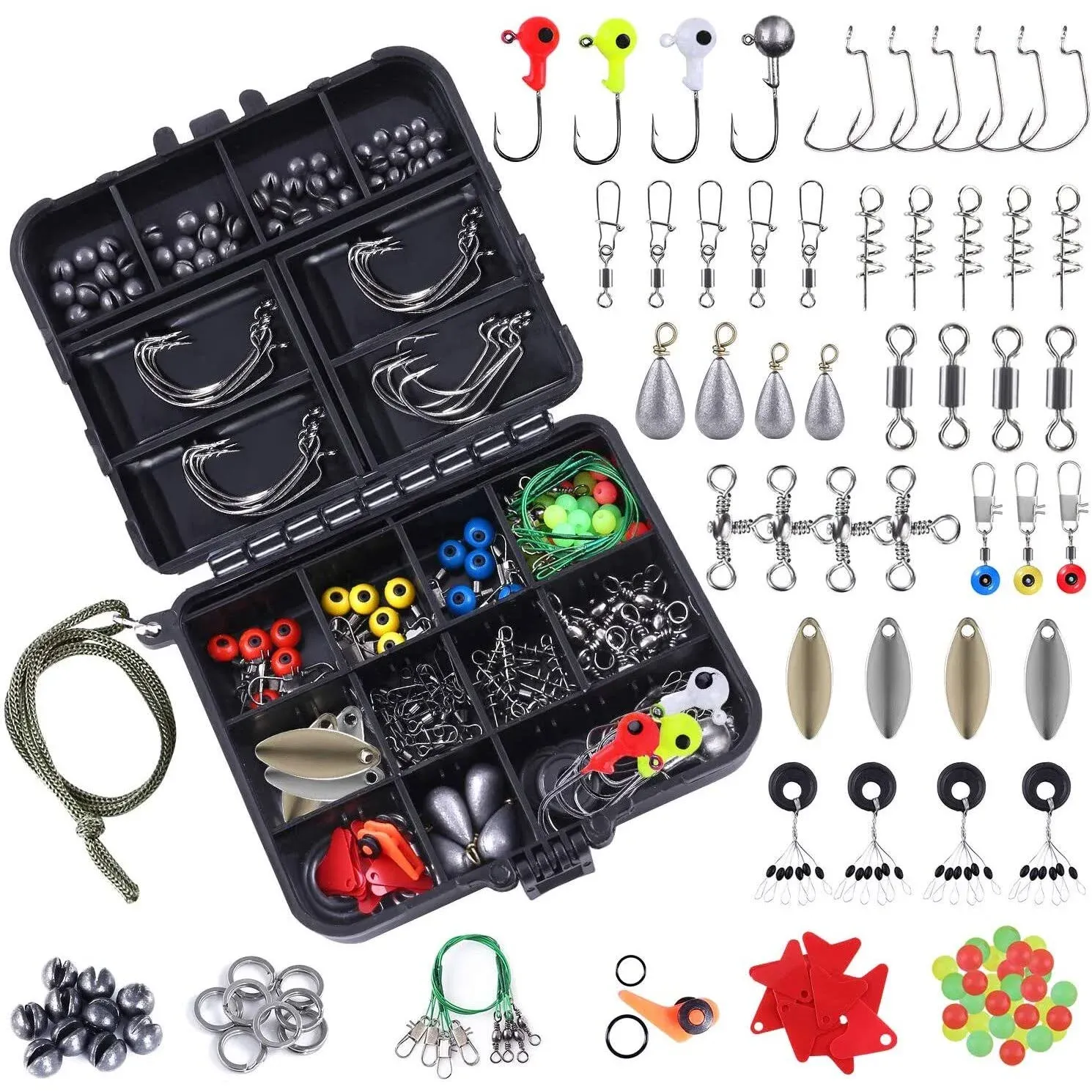 TOPFORT 187/343pcs Fishing Accessories Kit, Including Jig Hooks, Bullet Bass Casting Sinker Weights, Fishing Swivels Snaps, Sinker Slides, Fishing Set with Tackle Box