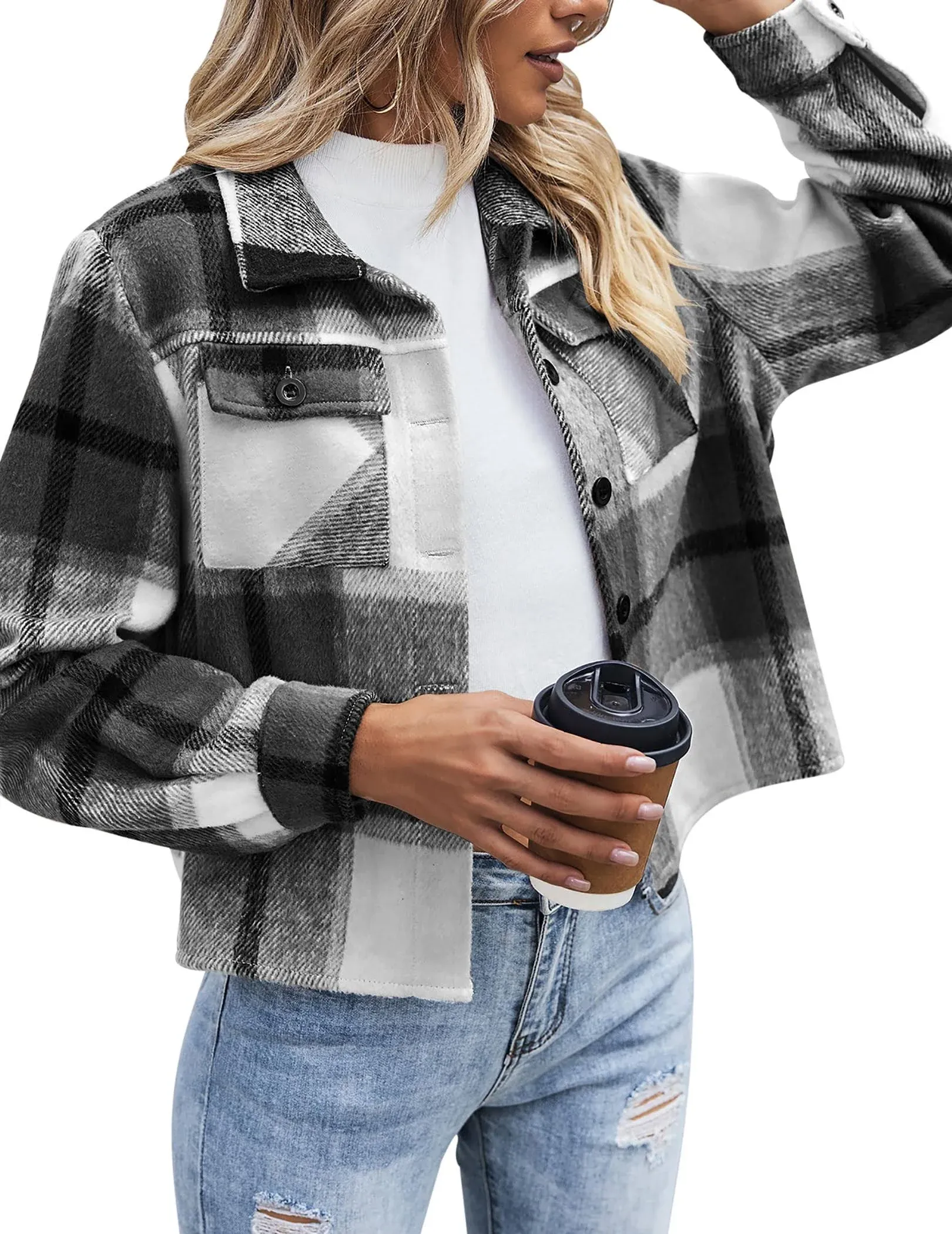 Zeagoo Flannels for Women Cropped Shacket Jacket Fashion Plaid Button Down Shirt