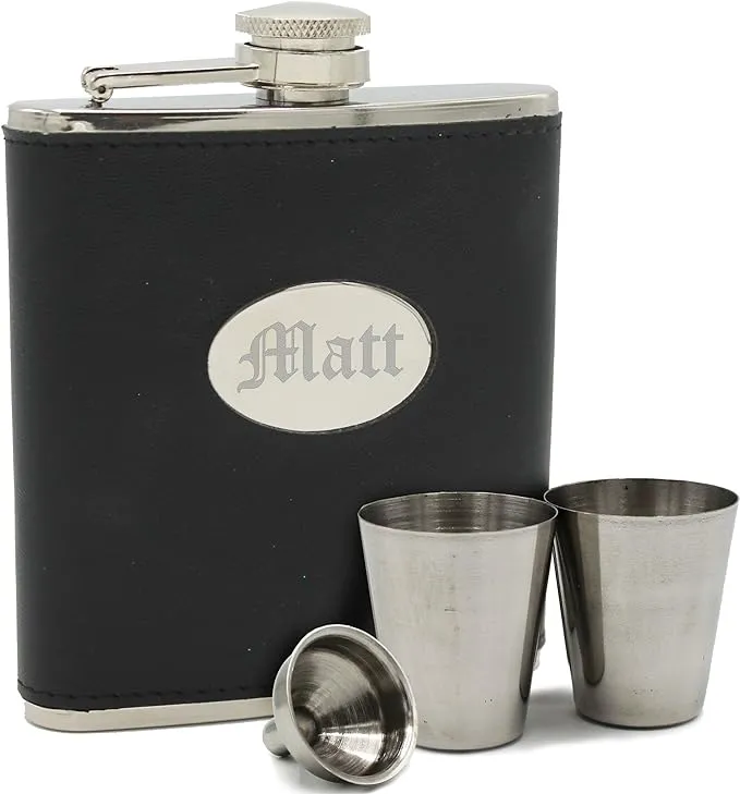 Personalized Black Leather Flask Set - Groomsman gift, Best man gift