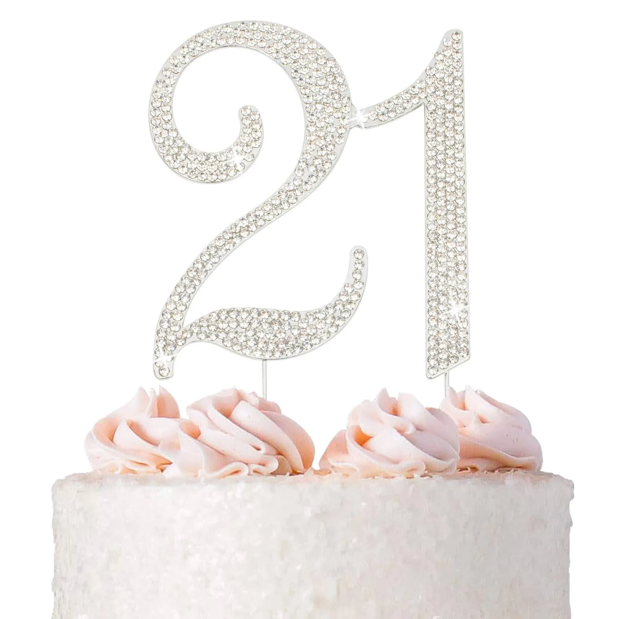 21 Birthday Cake Topper - 21st Birthday Decoration Ideas - SILVER Number Twenty One Cake Topper - Sparkly Rhinestones - Perfect Keepsake