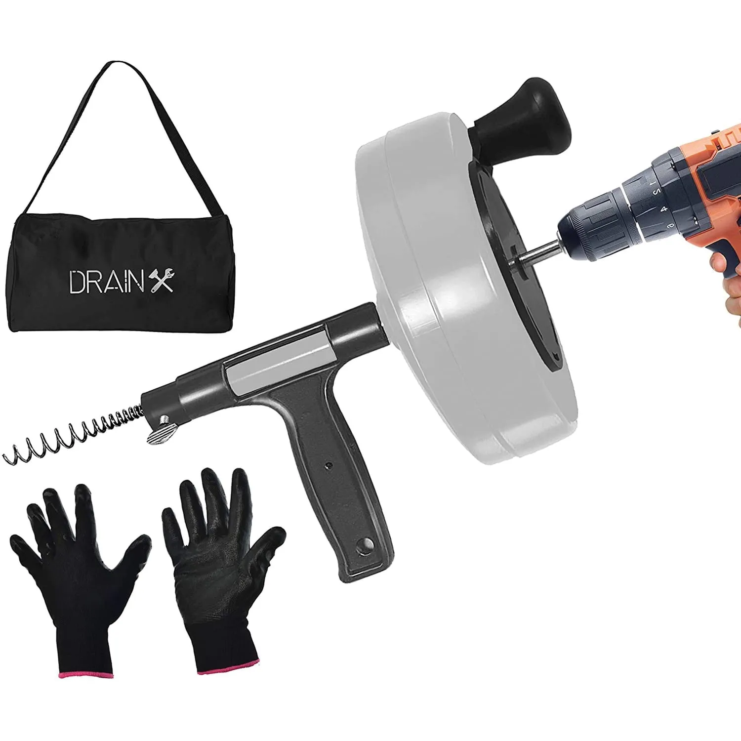 DrainX 50-FT Steel Power Pro Drum Auger Plumbing Snake with Drill Attachment | Use Manually or Powered | Heavy Duty Cable with Work Gloves and Storage Bag Included