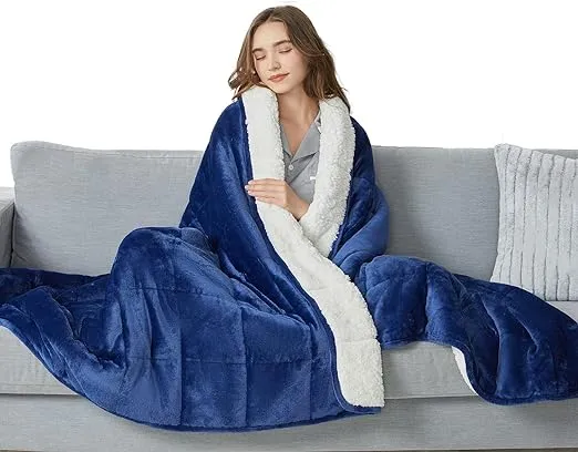 CYMULA Flannel Weighted Blanket Adult: 60×80inch Sherpa Fleece Heavy Blanket - Breathable Soft Blanket 15lbs Queen Size - Snuggly Bed Blankets with Glass Beads- Navy