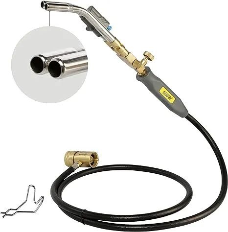 BLUEFIRE HZ-8150 Double Heads Swirl Flame Self-Ignition Hosed Turbo Torch 5' long Hose Trigger Start MAPP MAP Propane Welding Blowtorch Nozzle for brazing large diameter copper pipes, Torch Only