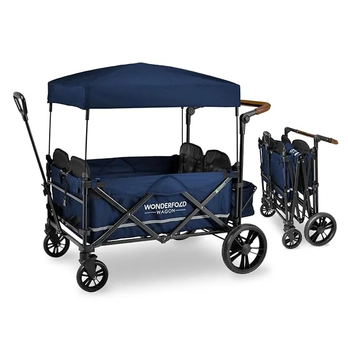 WONDERFOLD X4 Push & Pull Quad Stroller Wagon (4 Seater) Featuring Seats with 5-Point Harnesses, Adjustable Push Handle, and Adjustable/Removable UV-Protection Canopy, Sapphire Navy