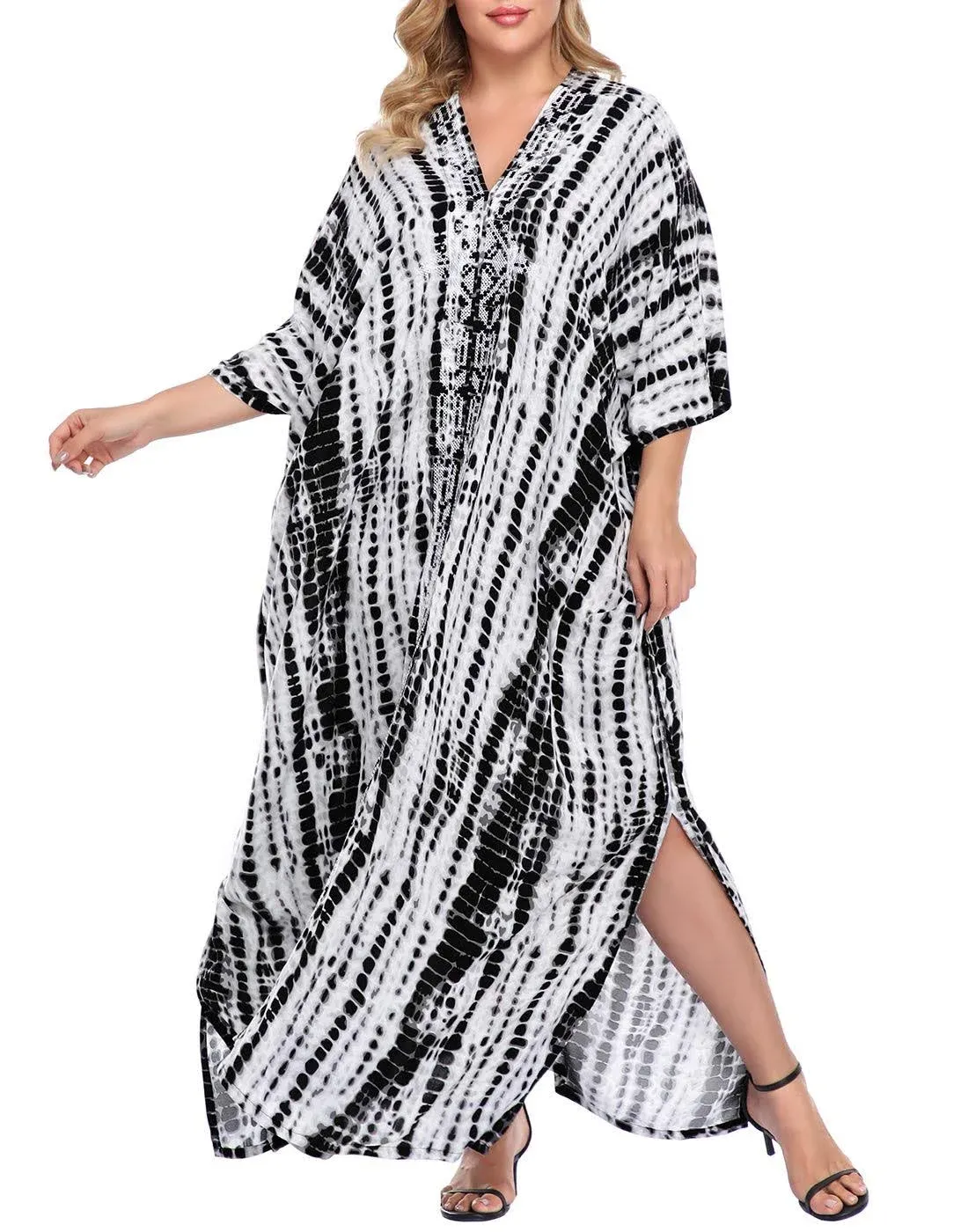 HDE Women UPF 30+ Kaftan Dress Oversize V Neck Long Plus Size Maxi Swim Cover Up