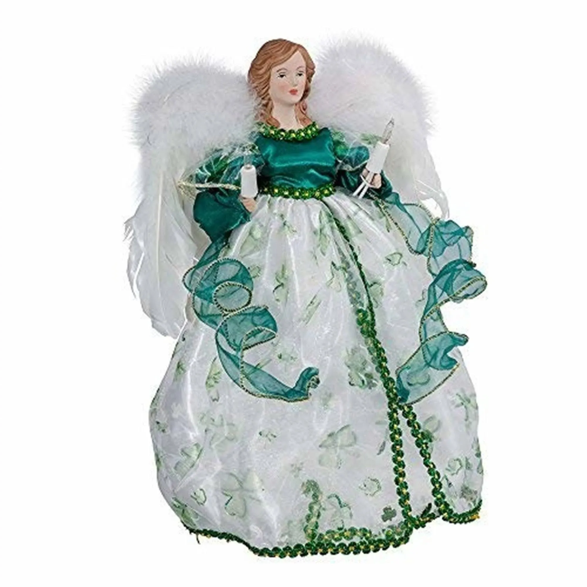 Irish Green Angel With Wings Holding Candles Light Up Christmas Tree Topper