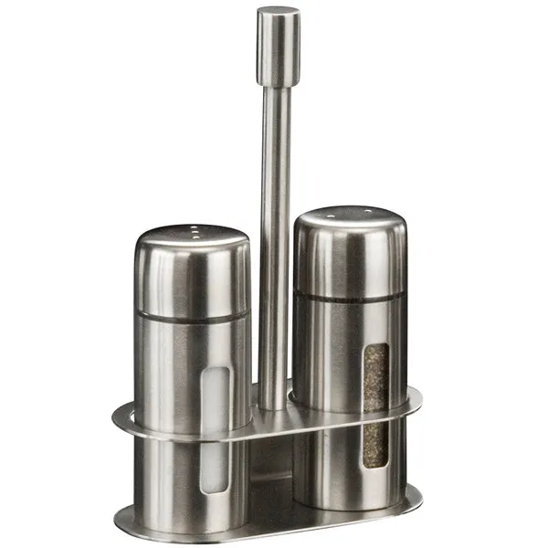 3 1/4 in Round Stainless Salt & Pepper Set w/Base