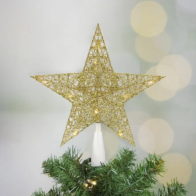 10" LED Lighted Gold Glittered Star Christmas Tree Topper, Warm White Lights