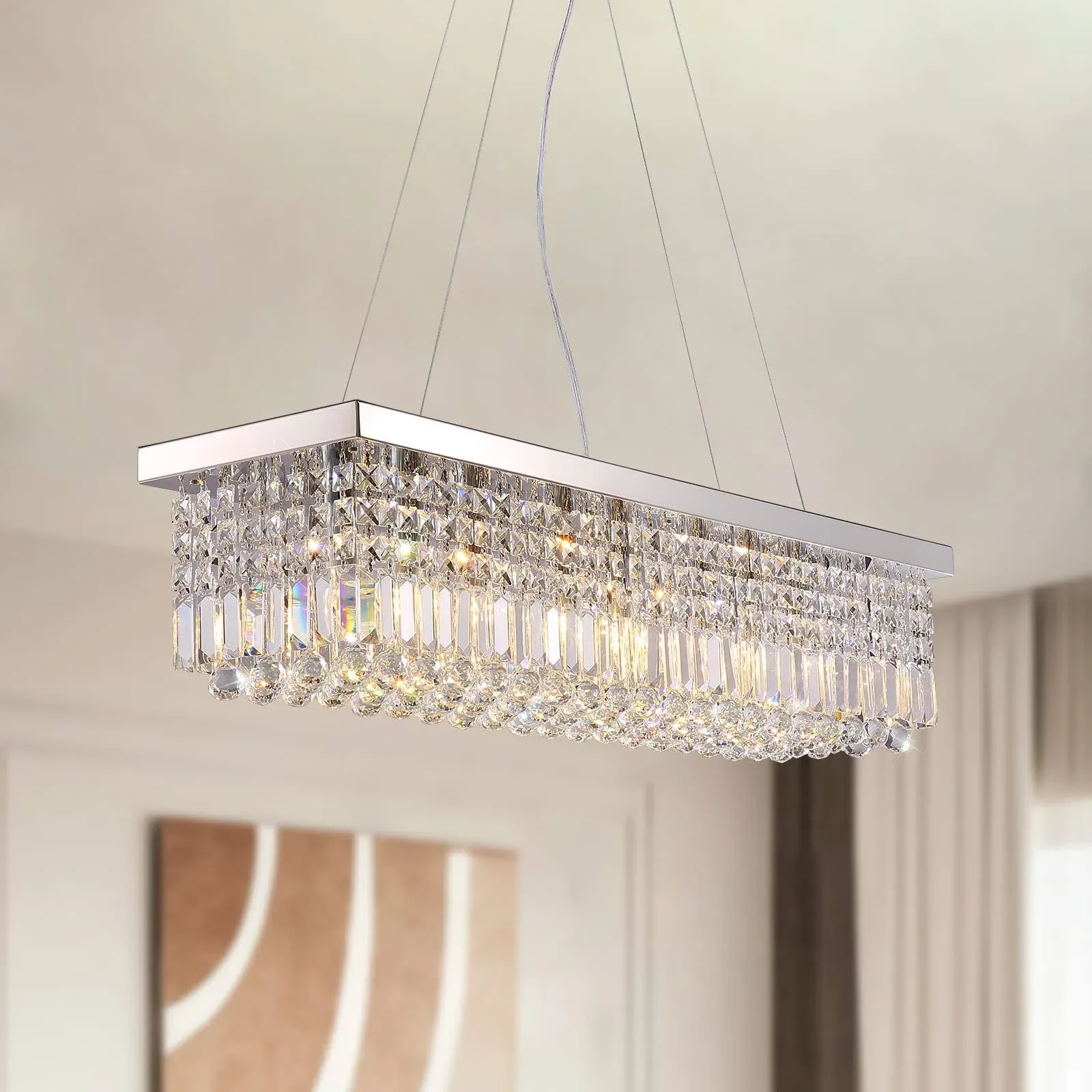 Siljoy Modern Rectangular Crystal Chandeliers 8 Lights Rectangle Raindrop Pen...