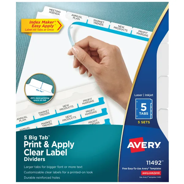 Avery Big Tab Print & Apply Clear Label Dividers, Index Maker Easy Apply Printable Label Strip, 5 White Tabs, 5 Sets (11492)