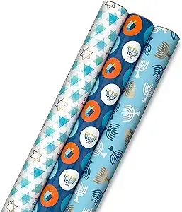 Hallmark Tree of Life Hanukkah Wrapping Paper with Cutlines on Reverse (3 Rolls: 120 Sq. Ft. Total) Blue and Gold Star of David, Menorahs, Candles, Dreidels