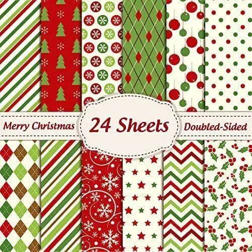 Whaline 12 Designs Christmas Pattern Paper Pack 24 Sheet Merry Christmas Scra...