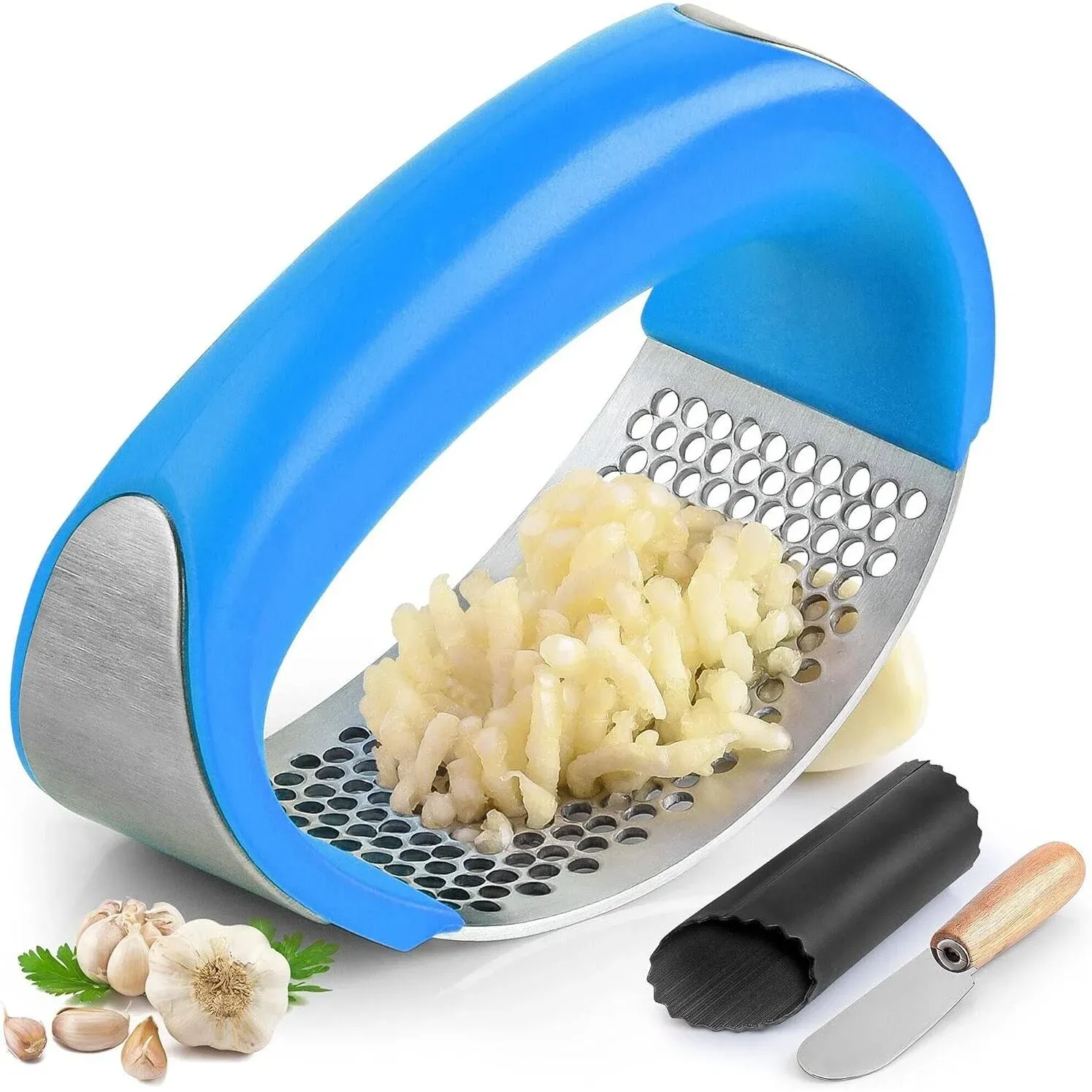 Zulay Stainless Steel Garlic Press Rocker Set - Premium Garlic Mincer Garlic Crusher - New Innovative Garlic Crusher with Peeler and Scraper - Comfortable Grip (Green)