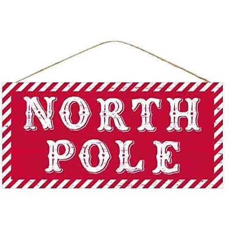 Striped North Pole Christmas Sign - 12.5&quot; x 6&quot;, Red, White, Candy Cane Stripes, Wreath, Front Door Decoration, Kitchen, Patio, Yard, Office