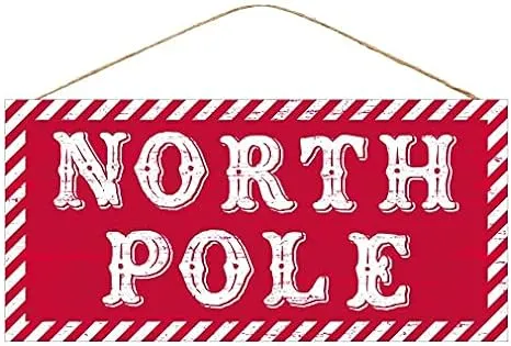 Striped North Pole Christmas Sign - 12.5&quot; x 6&quot;, Red, White, Candy Cane Stripes, Wreath, Front Door Decoration, Kitchen, Patio, Yard, Office