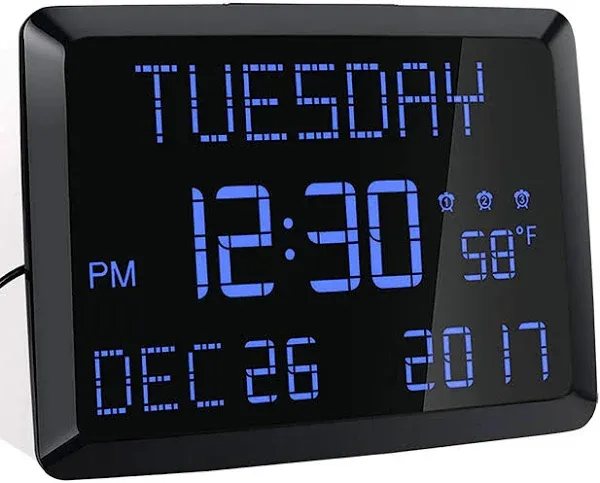 Digital Wall Clock, 11.5&#034; Extra Large Display Calendar Alarm Day Clock Black 