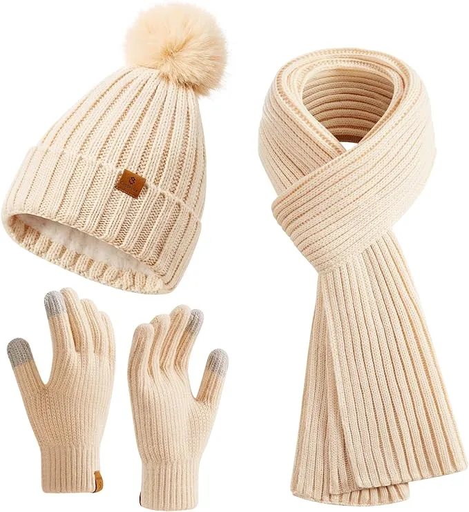 Coolprince Womens Winter Beanie Hat Long Scarf Touchscreen Gloves Set with Fleece ...