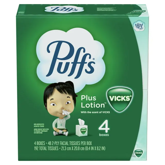 Puffs - Plus Lotion with The Scent of Vick's Facial Tissues, 4-Pack